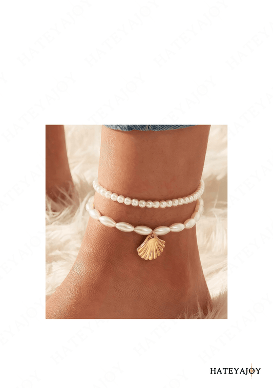Bracelets Cheville Perles Blanches Coquillage Boho<br>Pearl