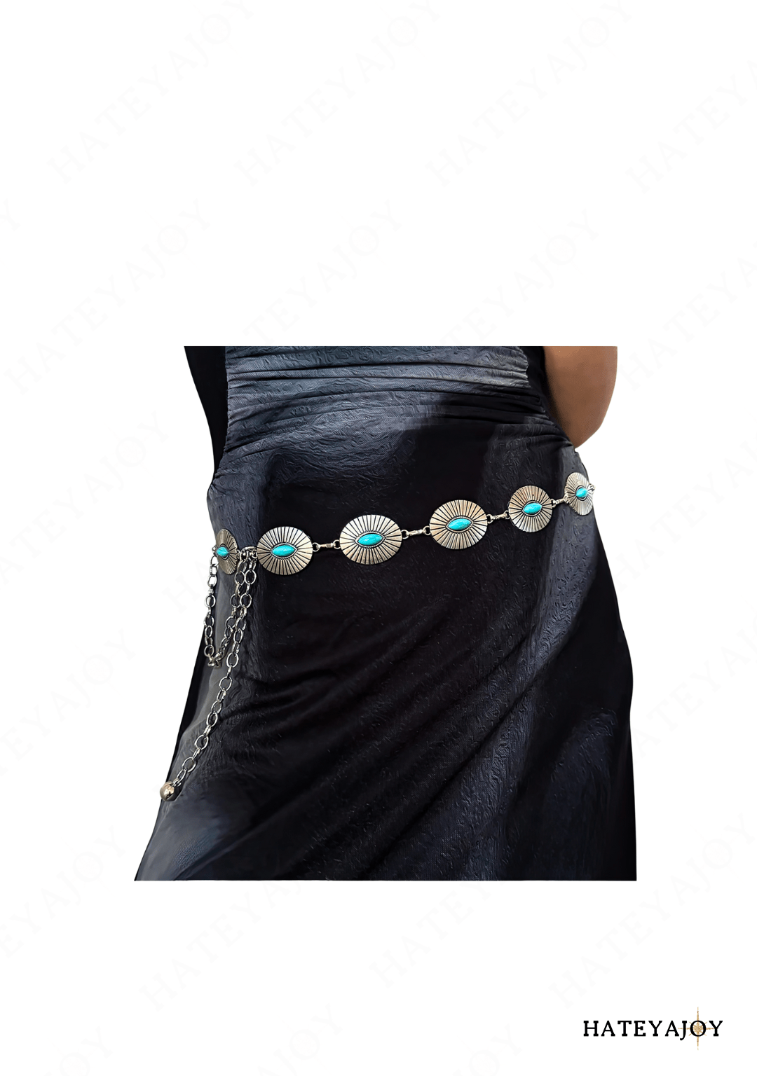 Ceinture Métal Soleil Turquoises | Elfira | HateyaJoy Métal et Turquoise / 110 cm