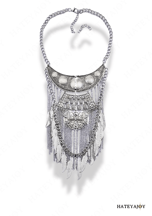 Collier Large à chaînes Feuilles et Pampilles<br>Cheyenne | HateyaJoy Argenté