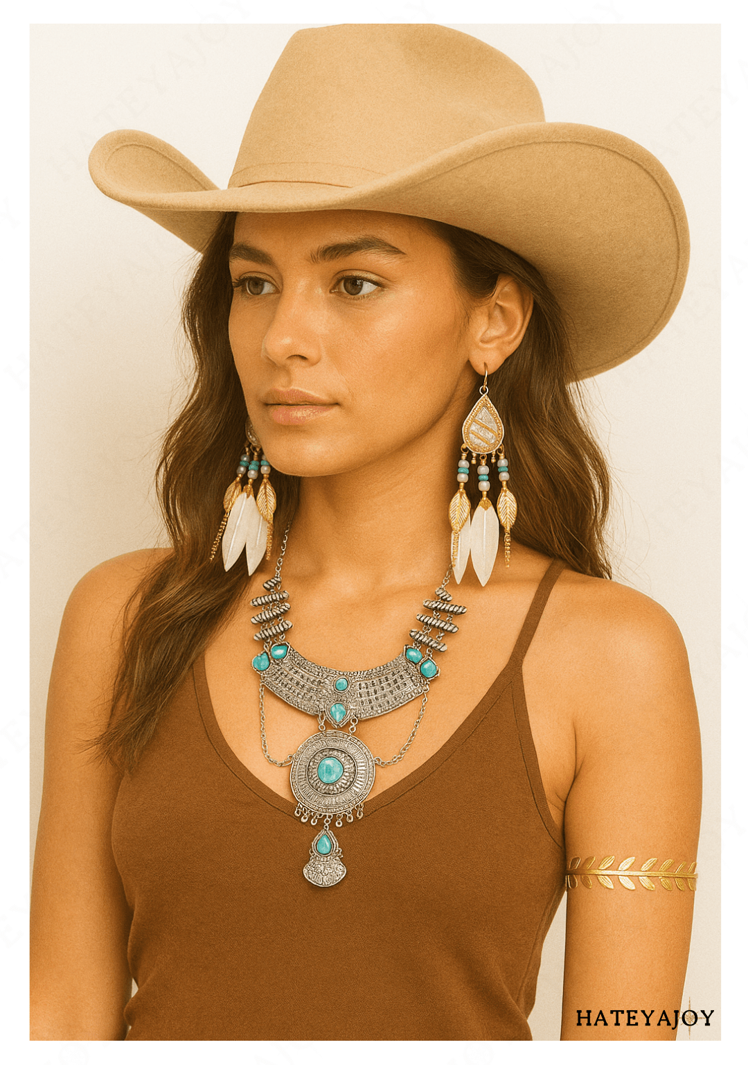 Long Collier bohème Métal Turquoise pièces femme | Apache | HateyaJoy
