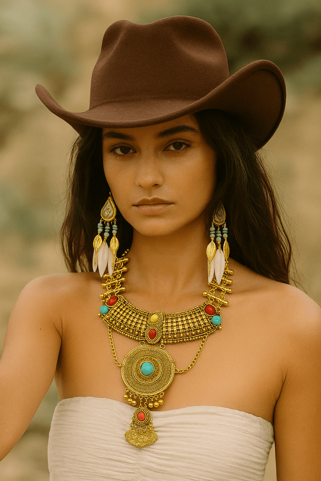 Long Collier bohème Métal Turquoise pièces femme | Apache | HateyaJoy