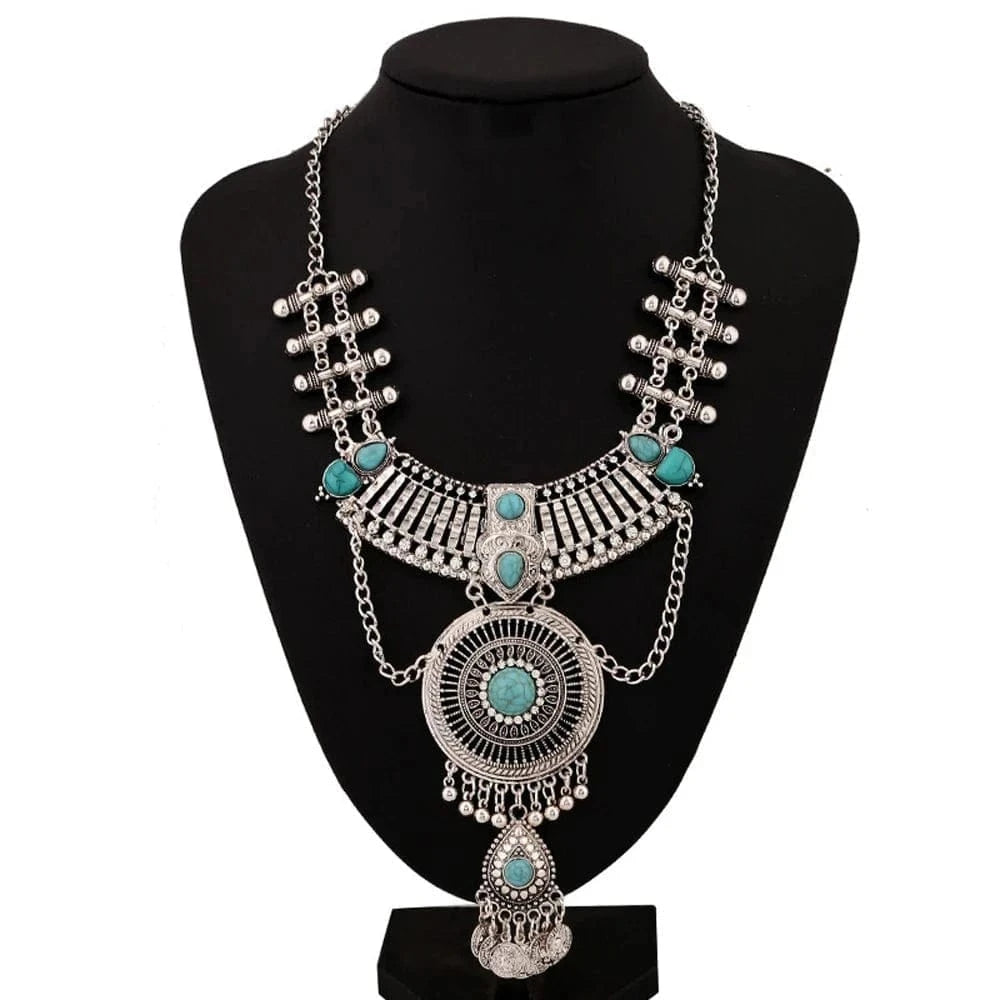 Long Collier bohème Métal Turquoise pièces femme | Apache | HateyaJoy