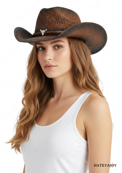 Chapeau Western Tressé Cowgirl Paille Léger<br>Coyote