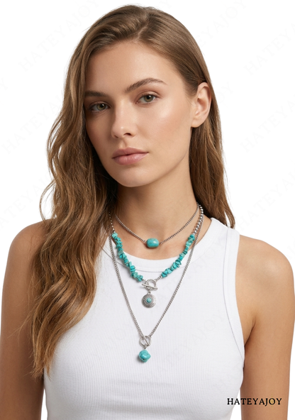 3 Colliers Femme Bohème Perles en Pierre Bleue Pendentifs<br>Océane