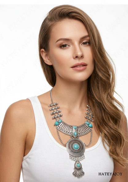 Long Collier bohème Métal Turquoise<br>Apache