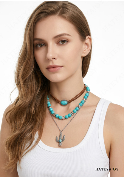 Collier Bohème Perles Bleues Cactus<br>Wesley