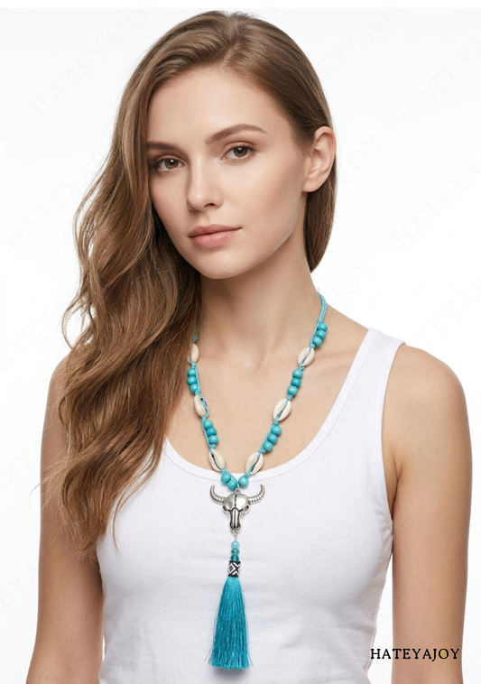 Collier Bohème Long Pompon Buffle Coquillage<br>Halona