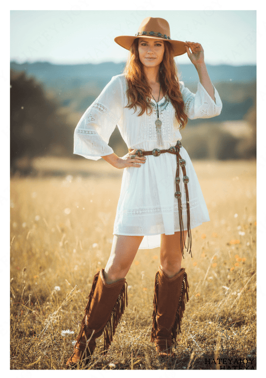 Ceinture Boho Daim Franges Oeillets <br> Mae