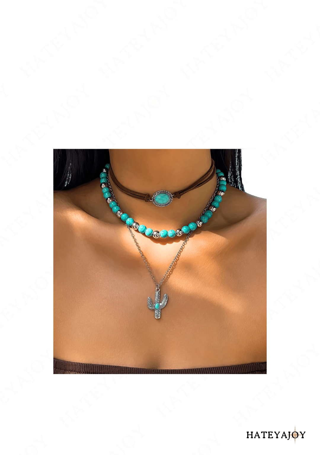 Collier Bohème Perles Bleues Cactus | Wesley | HateyaJoy Marron