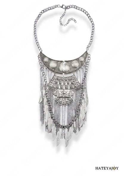Collier Large à chaînes Feuilles et Pampilles Cheyenne | HateyaJoy Argenté
