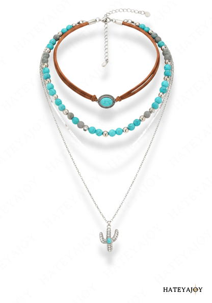 Collier Bohème Perles Bleues Cactus | Wesley | HateyaJoy Marron