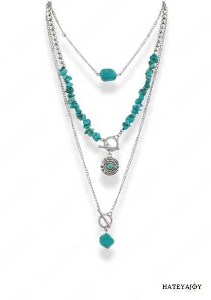 3 Colliers Femme Bohème Perles en Pierre Bleue Pendentifs<br>Océane